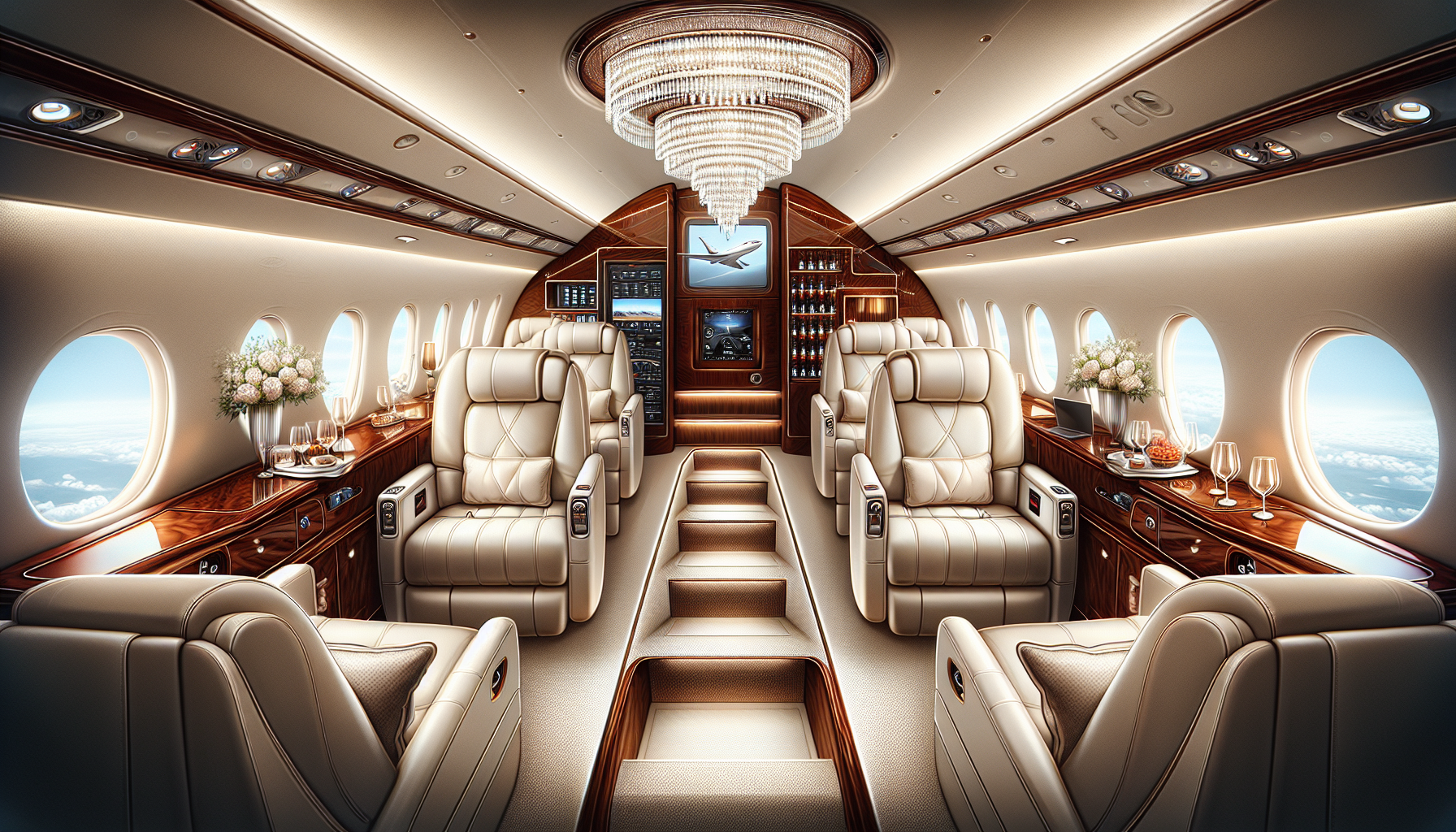 Customized private jet interior with elegant amenities