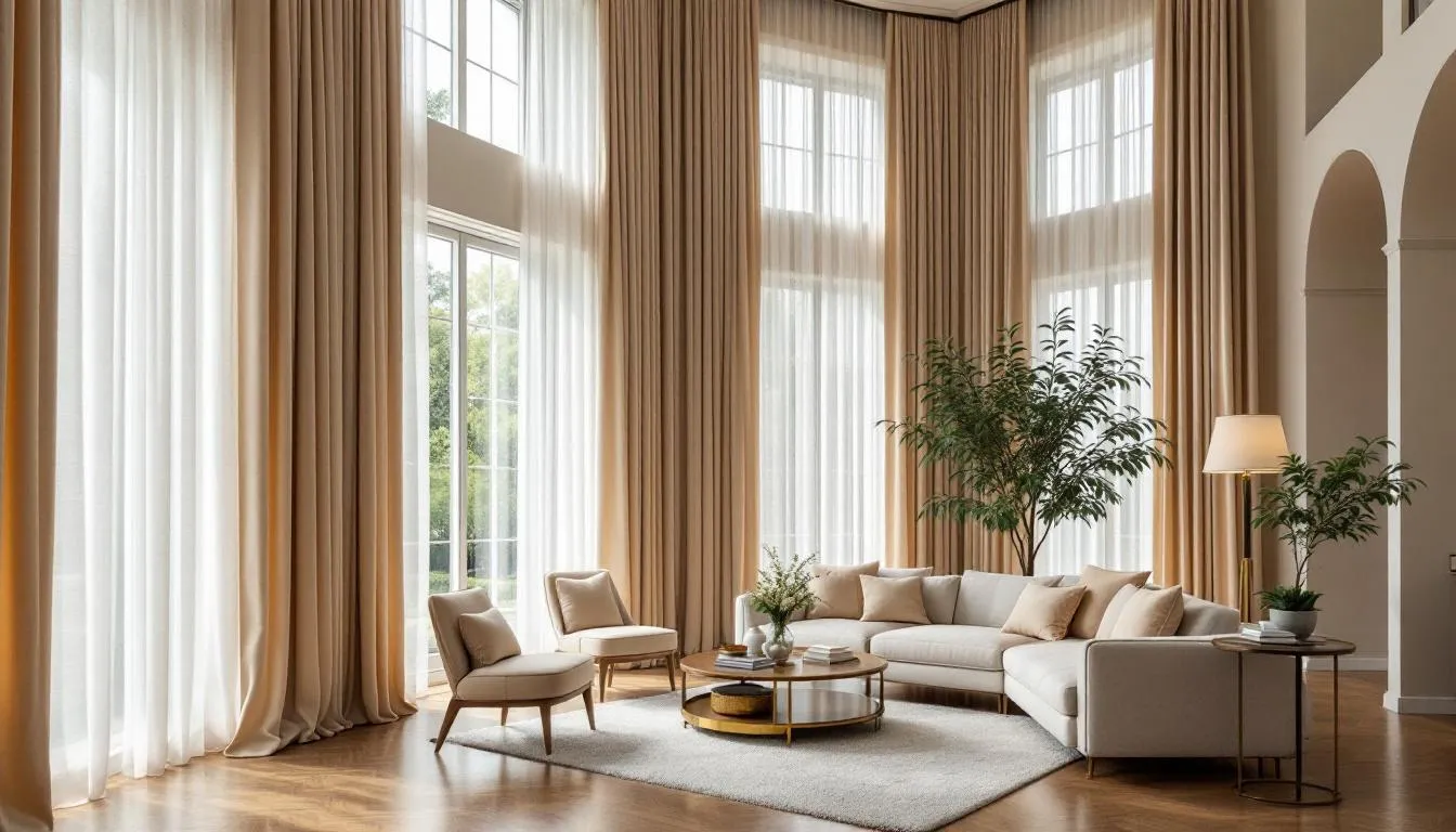 An elegant living room features luxurious fabric shades, such as roller or roman shades, that beautifully filter natural light through the window frame, creating a serene atmosphere while providing light control. The unique style of the shades enhances the room's beauty, showcasing quality materials and a sleek design.