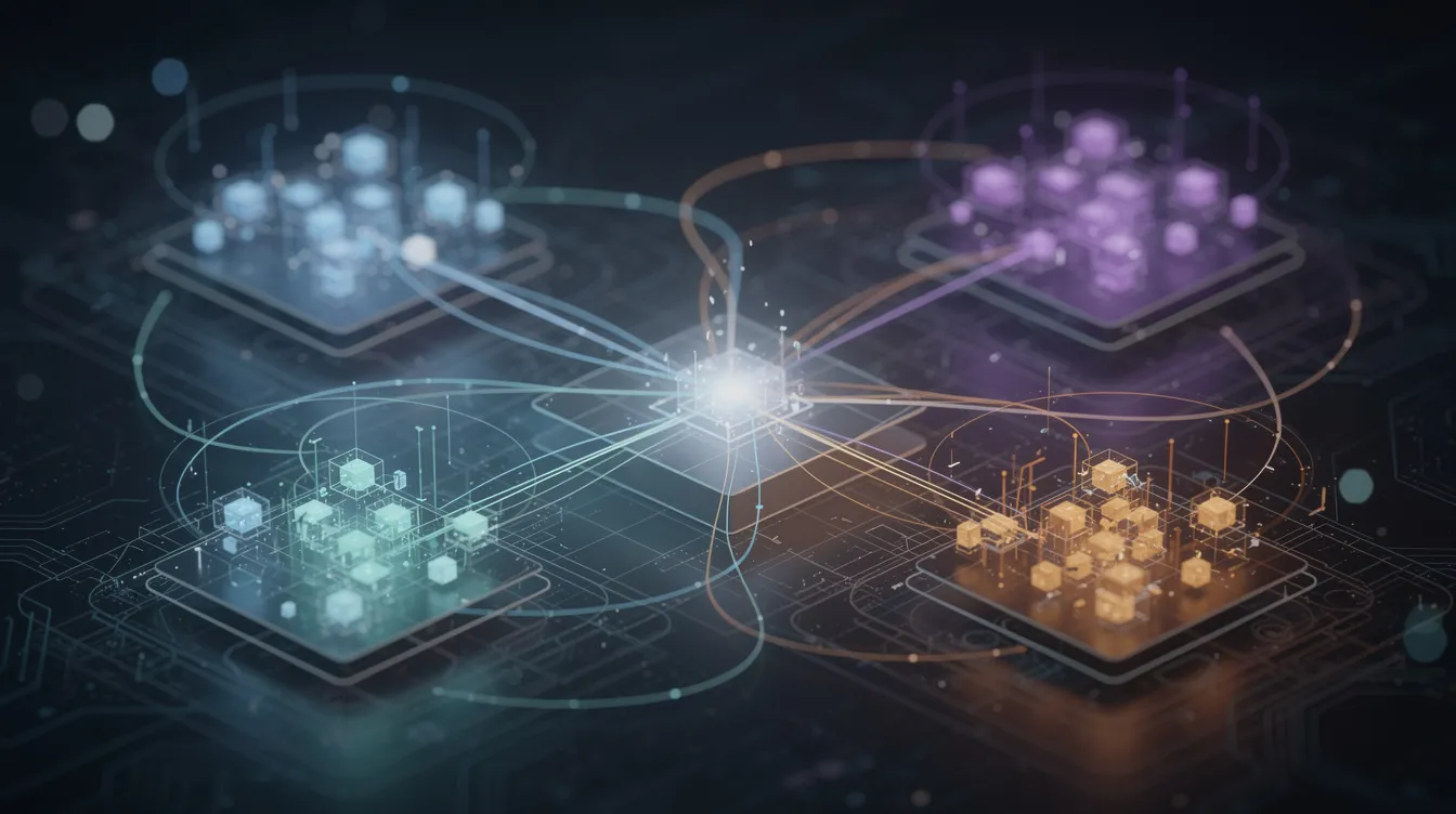 An abstract visualization depicting interconnected digital platforms and nodes symbolizes cross-platform visibility in AI search optimization. The image reflects various elements of AI SEO services and generative engine optimization, illustrating the complexity of modern search engine strategies.