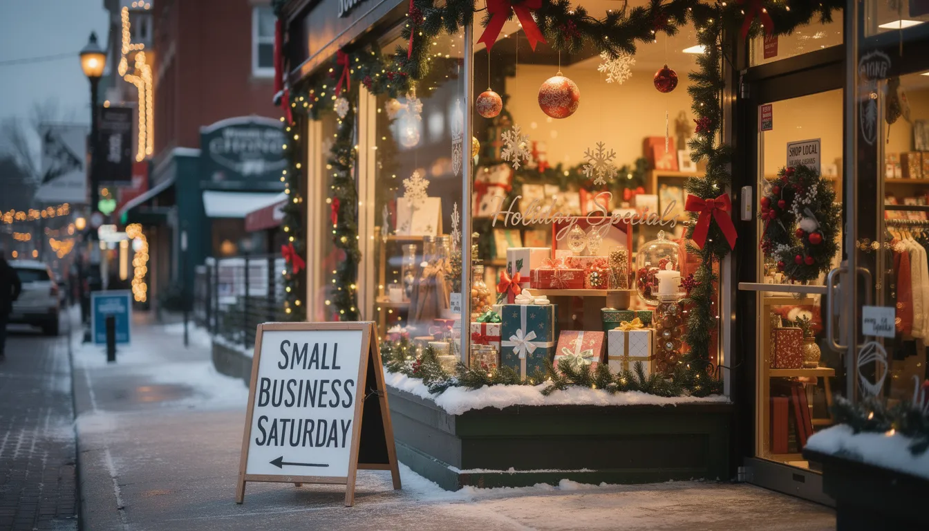 The image shows a charming local boutique storefront adorned with festive holiday decorations and a prominent sign promoting Small Business Saturday. This inviting scene reflects the community spirit of Collier County, encouraging shoppers to support local businesses during the holiday season.