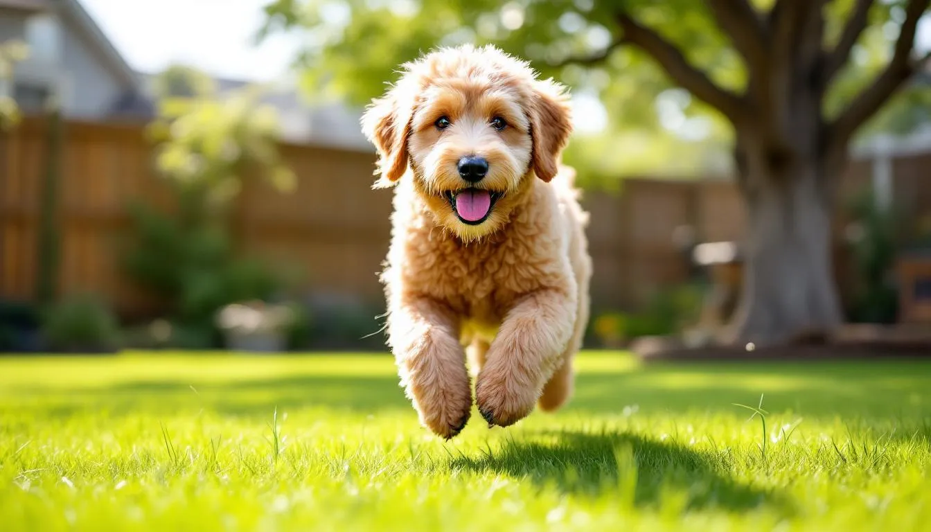A healthy adult Goldendoodle is joyfully playing in a lush green yard, showcasing its good physical condition and energetic nature. This adorable mix, a cross between a golden retriever and a poodle, demonstrates the playful and intelligent traits characteristic of goldendoodles.