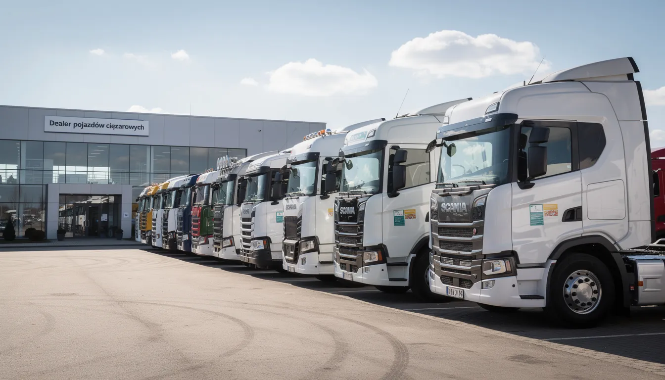 Na placu dealera pojazdów ciężarowych ustawione są nowe ciągniki siodłowe w rzędzie, co sugeruje rozwój działalności w branży transportowej. Te nowoczesne maszyny mogą wspierać firmy transportowe w efektywnym zarządzaniu płynnością finansową i obsługą długich terminów płatności faktur.