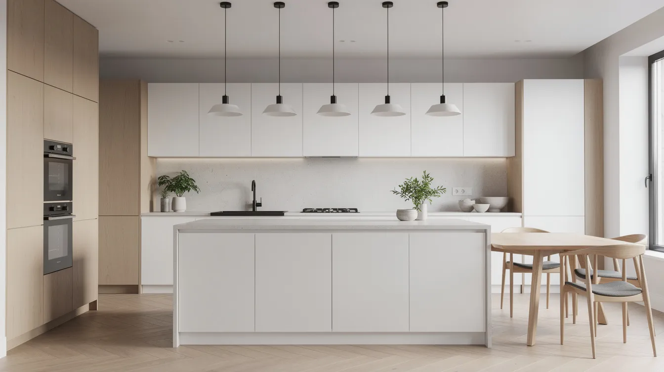 En modern köksmiljö med en köksö och ett matbord, där pendellampor hänger elegant ovanför. Belysningen i rummet skapar en varm och inbjudande atmosfär, perfekt för både matlagning och sociala tillställningar.