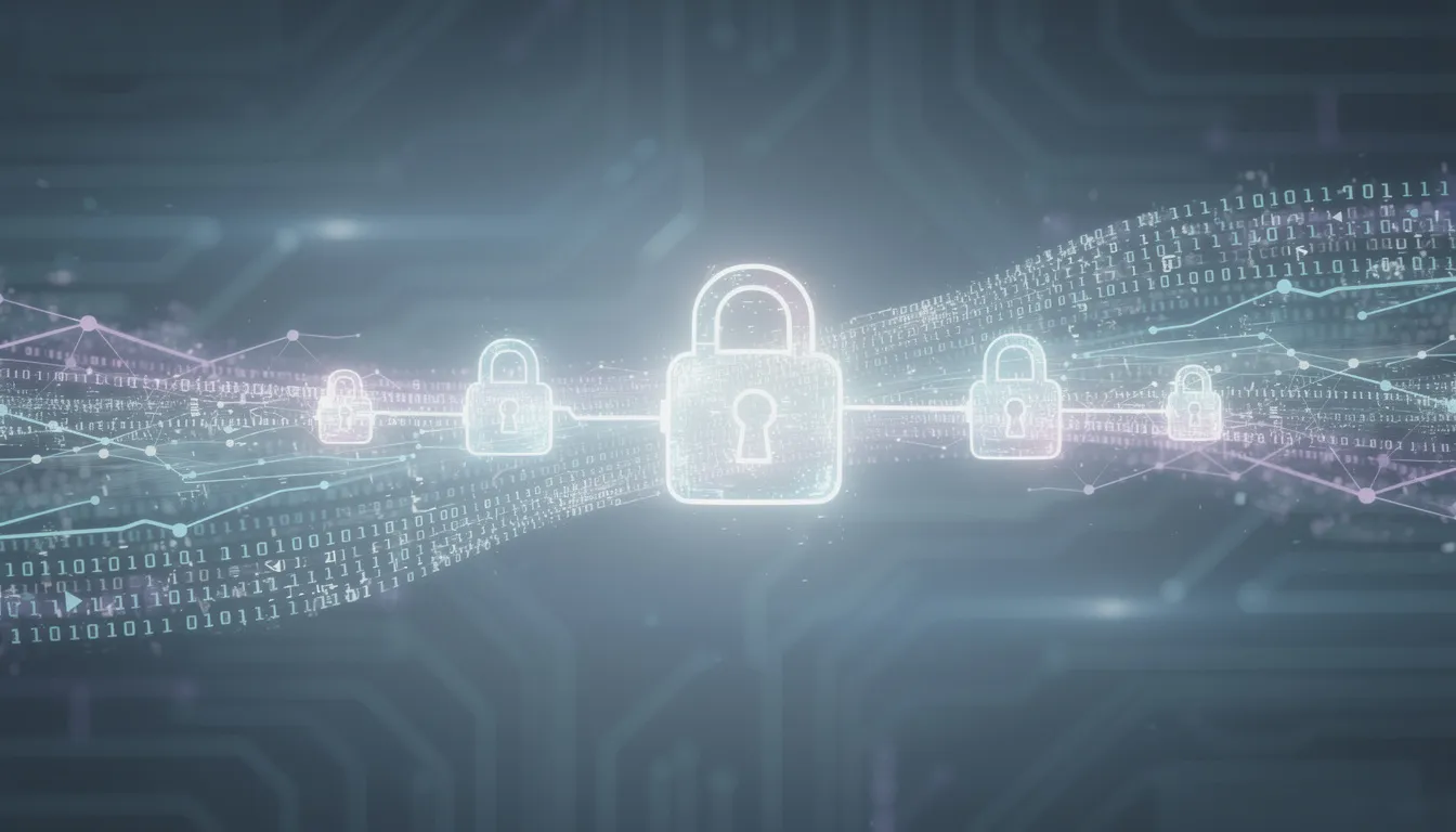 This abstract image depicts a secure digital connection featuring lock icons and flowing data streams, symbolizing the protection offered by a virtual private network (VPN) for secure access to sensitive data over public Wi-Fi networks. The visual elements represent the encryption process and the secure connection that a VPN provides for remote users and corporate networks.