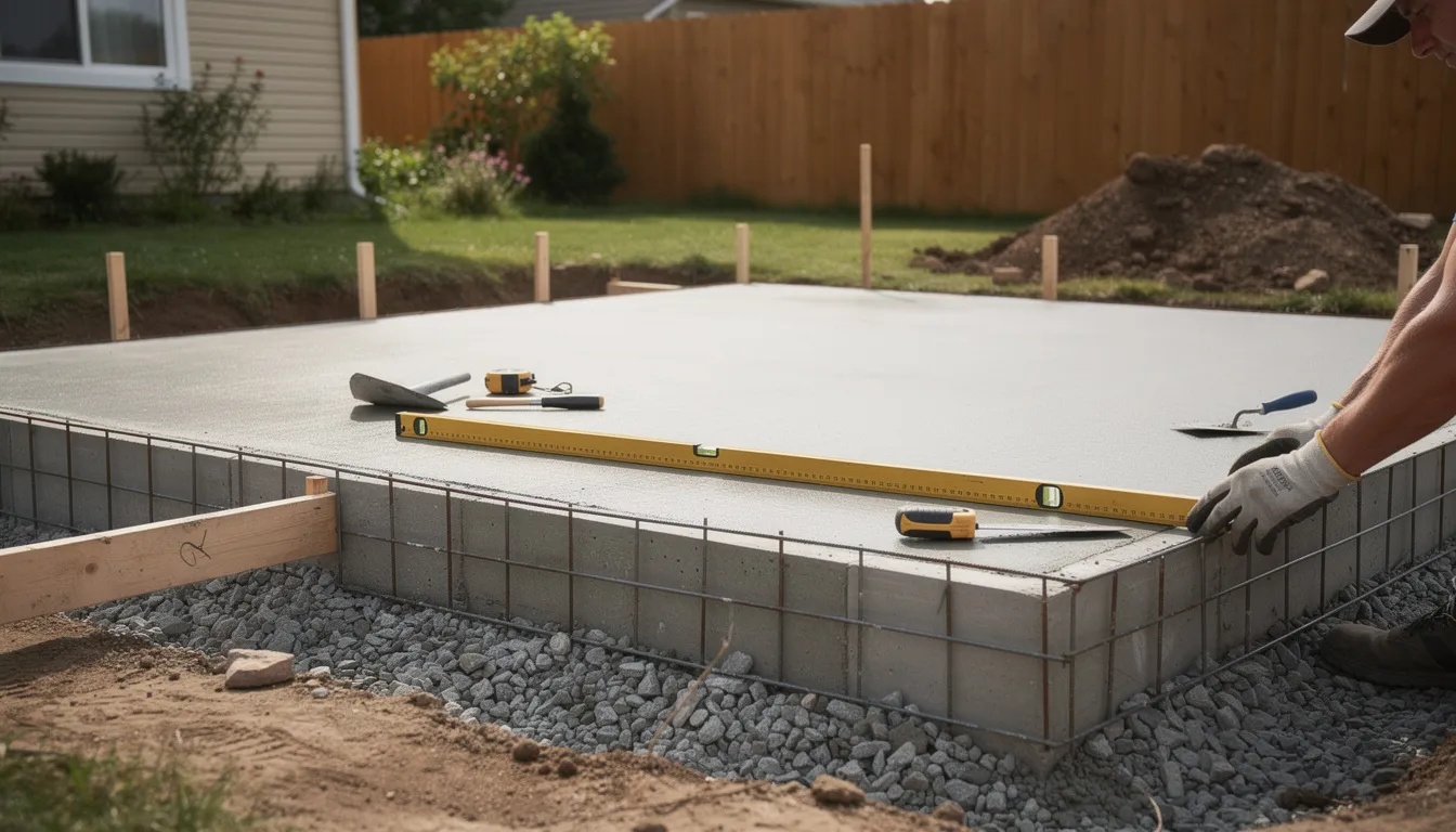 A level concrete pad foundation is being prepared in a backyard for the installation of an outdoor sauna, showcasing the space's potential for wellness routines in a natural setting. This preparation highlights the benefits of outdoor saunas, such as fresh air and improved circulation, while ensuring a sturdy base for the sauna experience.