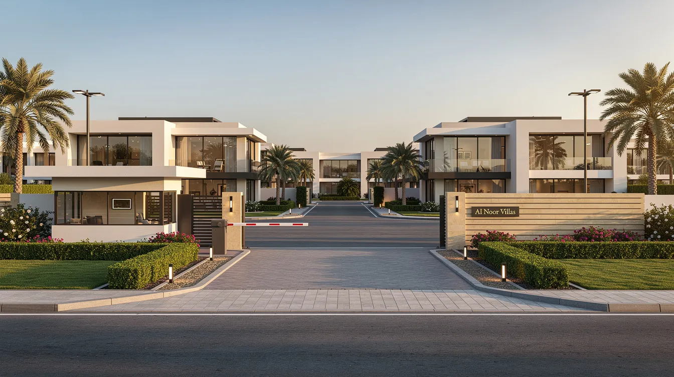 The image depicts a modern villa compound in a Dubai residential community, featuring a secure environment with a prominent security gate and beautifully manicured gardens. This setting reflects high standards of residential security, emphasizing safety and peace of mind for its residents.