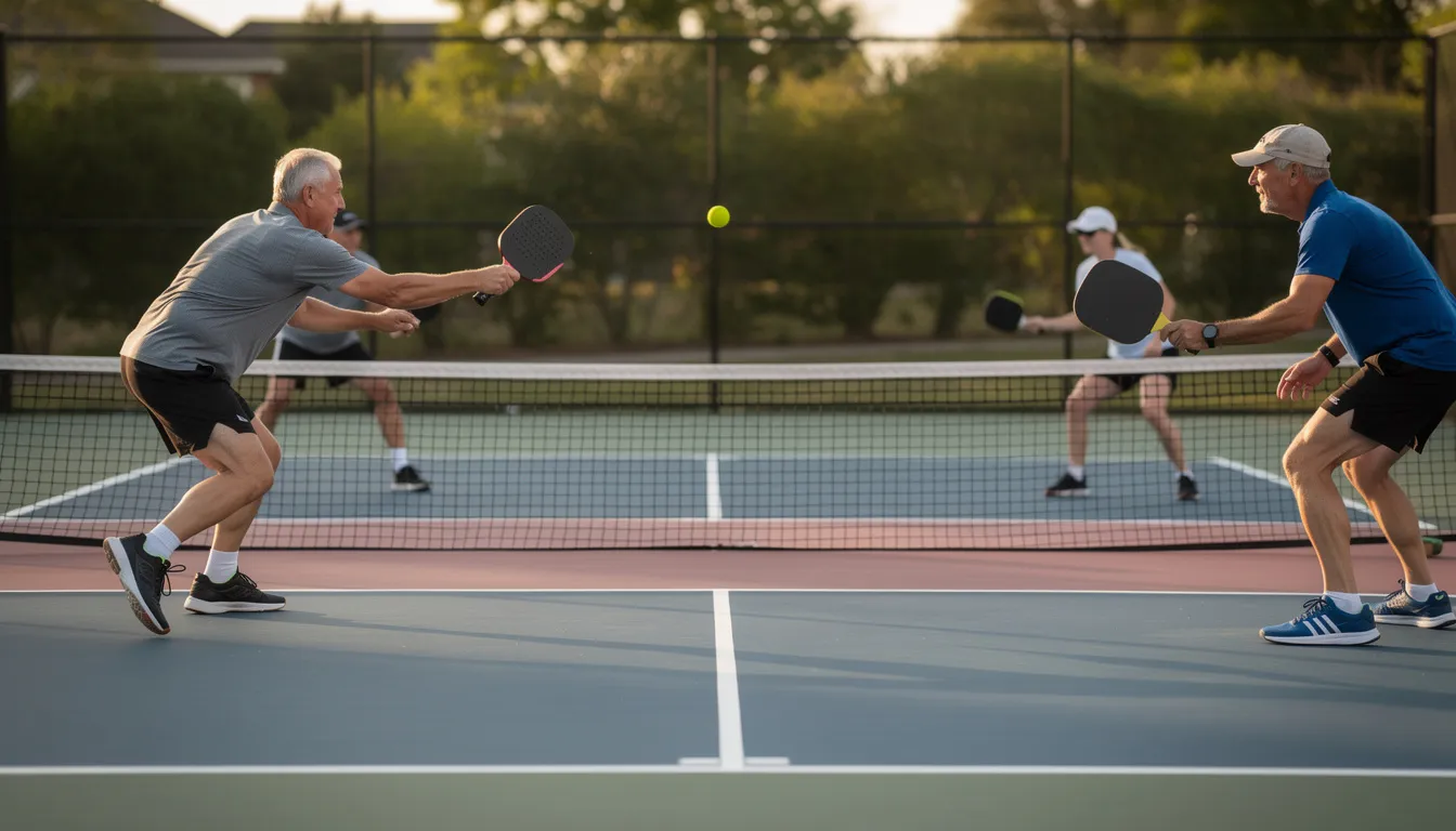 The image shows players positioned around the kitchen area on a pickleball court during an intense point, with the ball bouncing as they prepare to hit it. The players are focused, demonstrating the strategic play involved in pickleball doubles, while adhering to the non-volley zone rules.