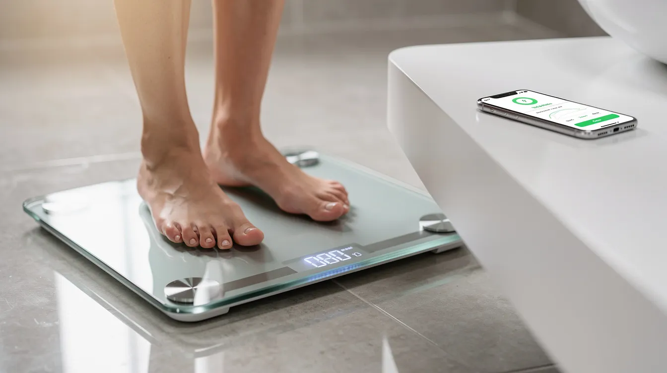 A person is stepping onto a sleek digital scale, designed for accurate weighing, while a smartphone rests on a nearby counter, ready to track their current weight and wellness goals through an intuitive app interface. The scene highlights the integration of technology in managing health and monitoring measurements.