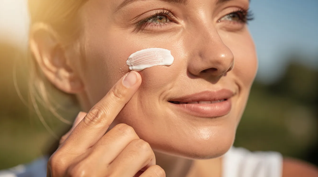 A person is gently applying a mineral sunscreen to their cheek while outdoors on a sunny day, ensuring sun protection against harmful UV rays. This sunscreen is suitable for sensitive skin, providing broad spectrum protection with ingredients like zinc oxide to reflect UV rays and minimize irritation.