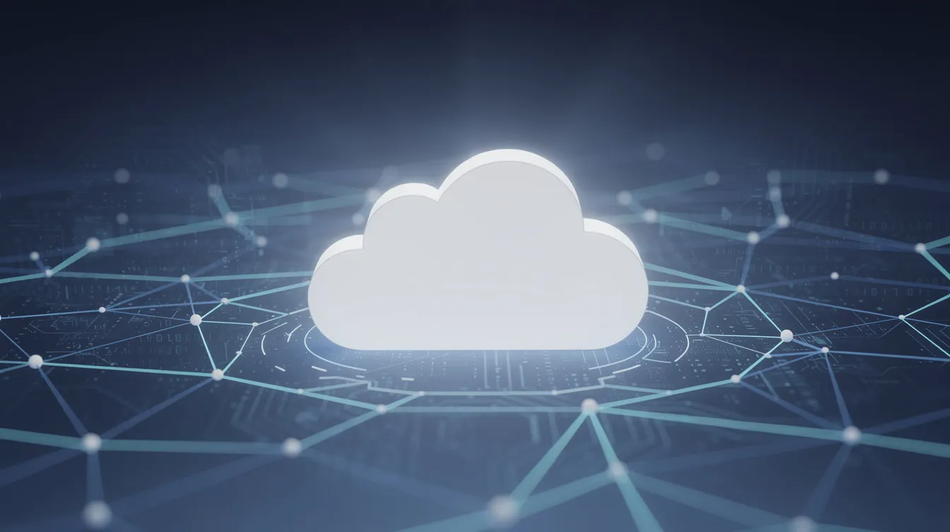 The image illustrates a cloud computing concept featuring interconnected data points, symbolizing the integration of payroll software and payroll processing. This visual represents how payroll data, including employee hours and deductions management, can be efficiently managed in a digital environment.