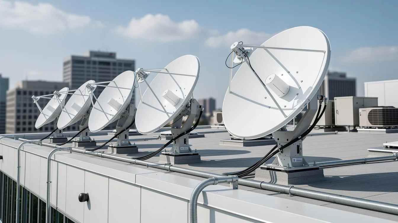 The image shows multiple satellite dishes professionally mounted on the rooftop of a commercial building, indicating a strong connection to entertainment services like DSTV in Cape Town. These installations ensure reliable access to a variety of channels and packages for people looking to manage their DSTV subscriptions effectively.