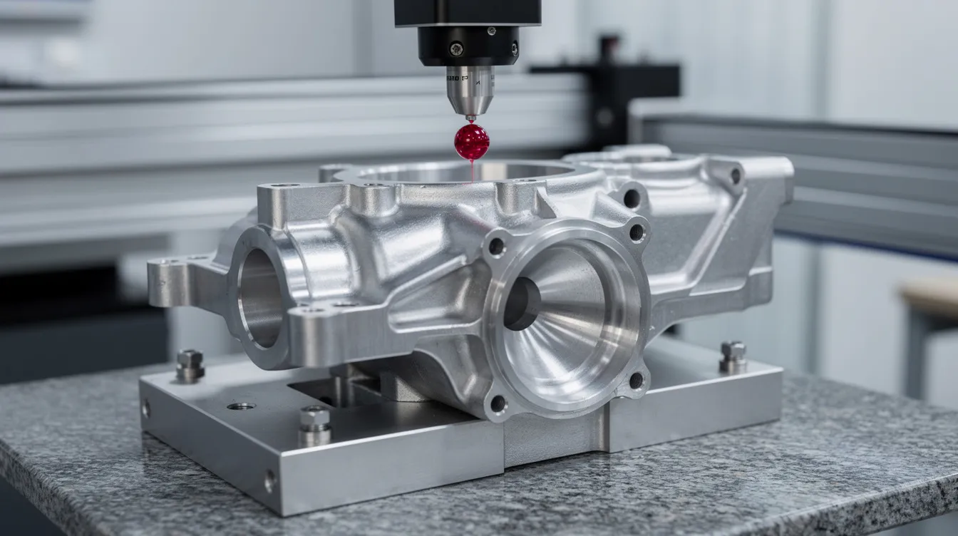 A coordinate measuring machine probe is delicately touching an aerospace metal component during a dimensional inspection, ensuring precise measurements for quality control in the aerospace manufacturing process. This inspection is crucial for maintaining high quality standards and regulatory compliance in the aerospace and defense industries.