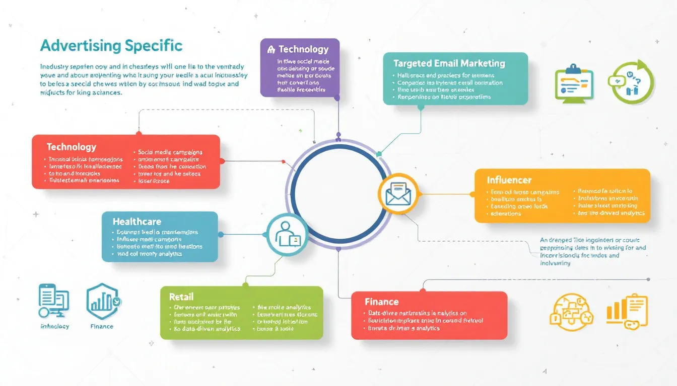 In the image, a digital agency team collaborates on industry-specific advertising strategies, showcasing their deep understanding of data-driven insights to scale for growing brands. The scene highlights a creative workspace filled with charts and analytics, emphasizing the importance of identified outcomes and effective marketing strategies to connect with potential customers.