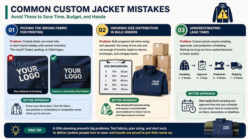 Common custom jacket mistakes infographic with fabric printing issues, bulk size planning, and lead time risks