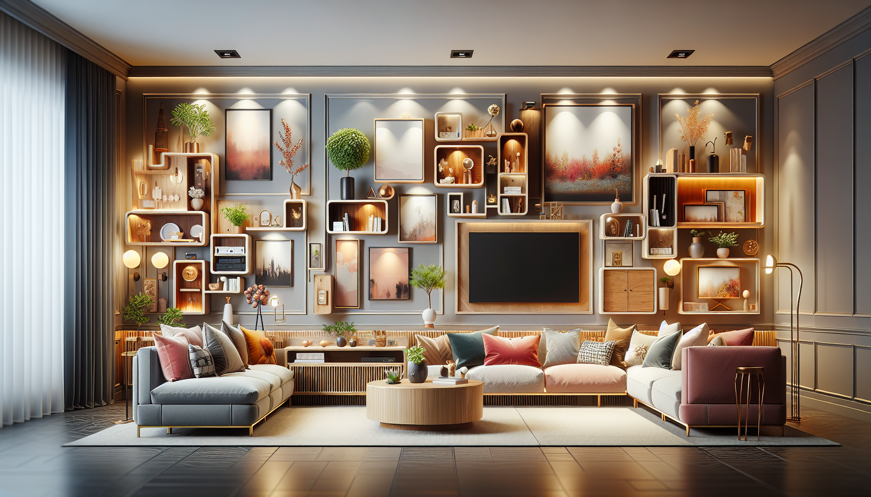 Customizable media wall packages displayed in a stylish living space.