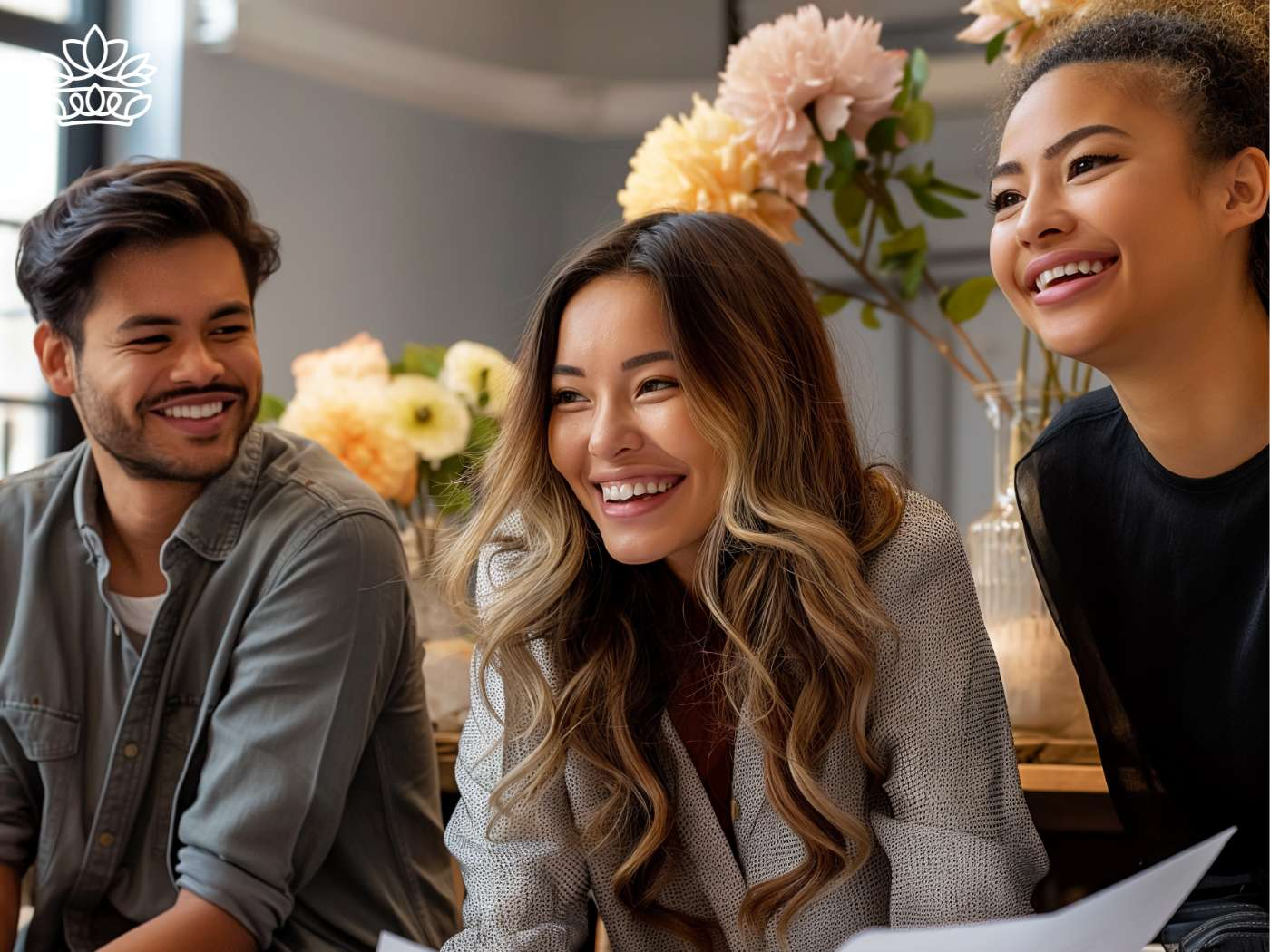 A group of three happy colleagues enjoying a light-hearted moment together, with elegant blooms in the background, at Fabulous Flowers and Gifts.