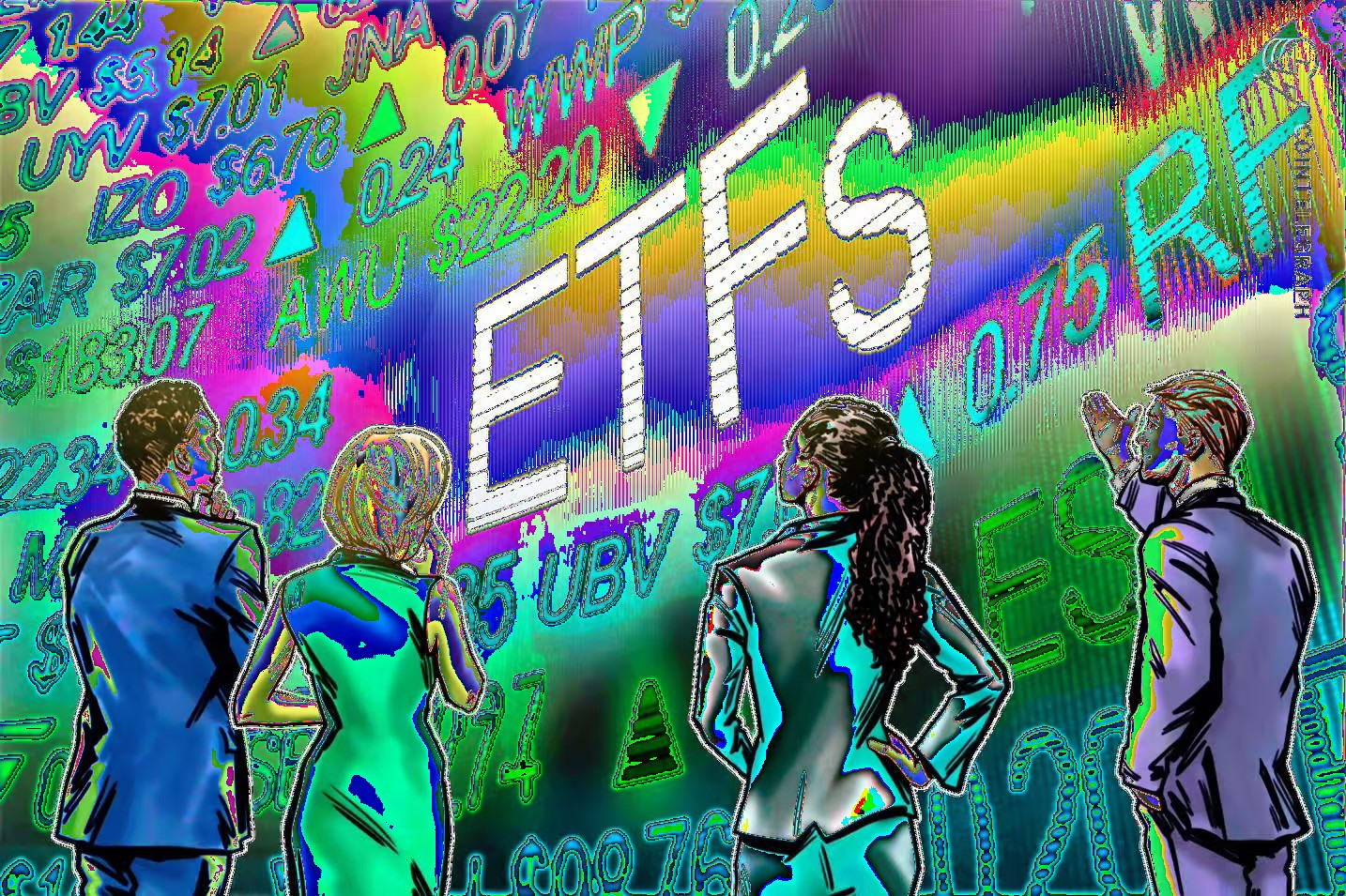 Graffiti art, people looking at ETF sign with trading figures