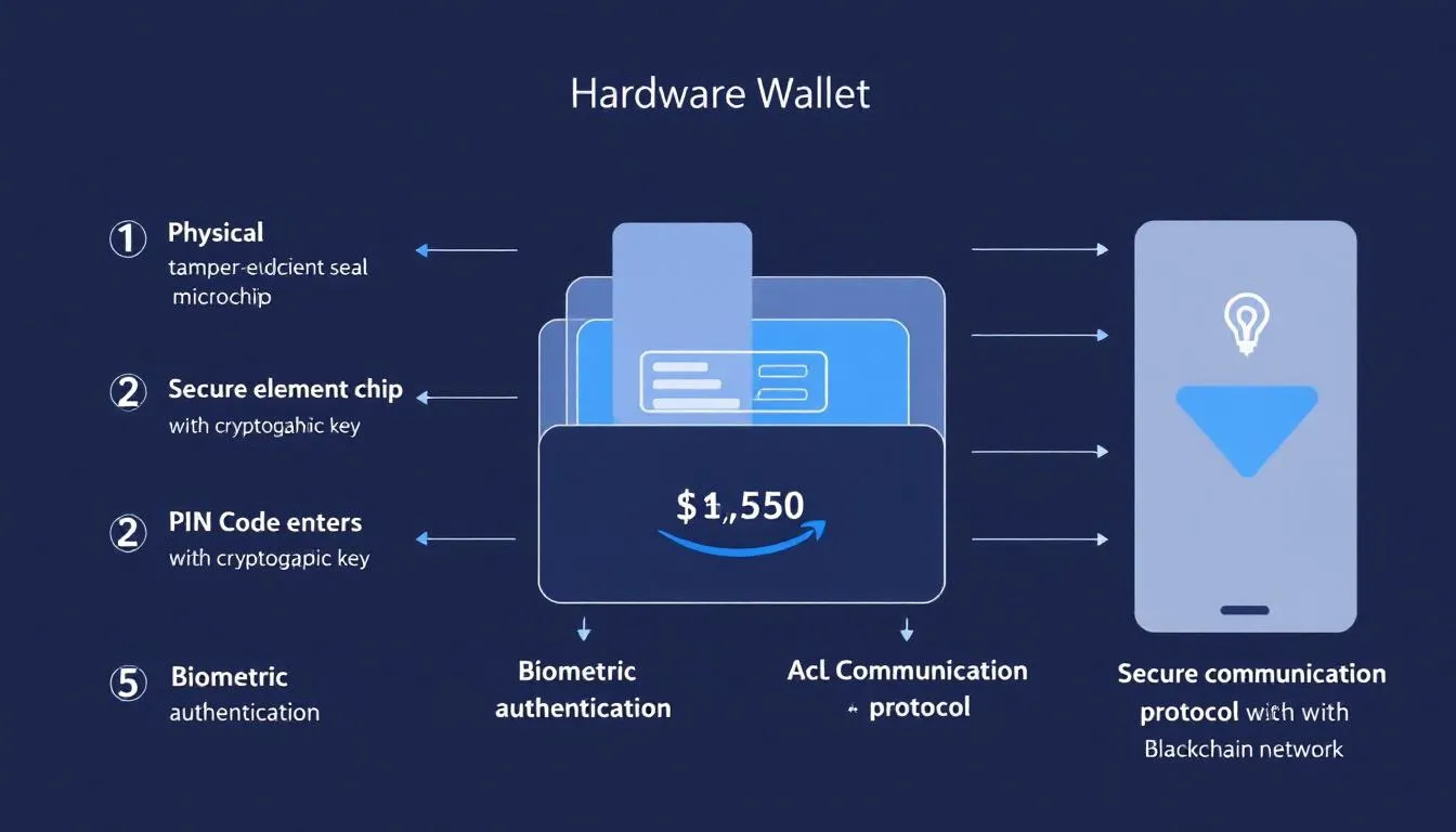 This infographic illustrates the multiple layers of security in modern hardware wallets, highlighting features such as physical tamper resistance, cryptographic protection, and additional security measures like two-factor authentication. It emphasizes how these hardware wallets, like the Ledger Nano and Trezor Model, provide maximum security for managing and storing digital assets, including private keys and recovery phrases.
