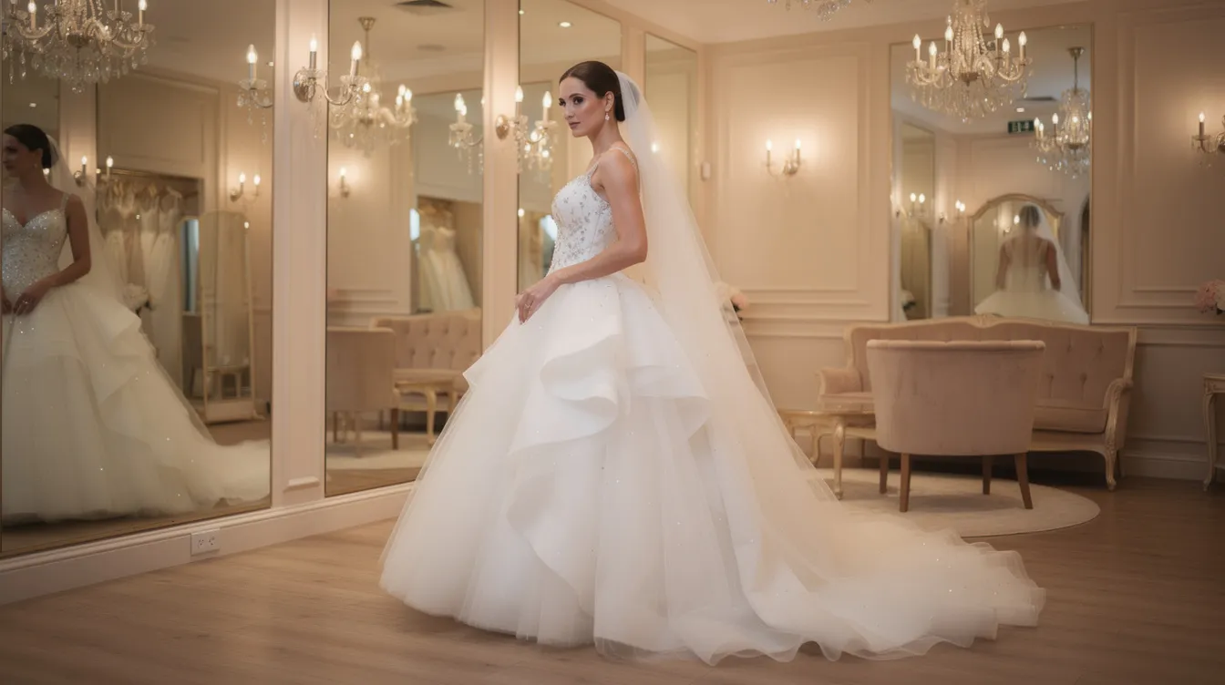 A bride is standing in an elegant bridal salon, wearing a stunning full ball gown with a fitted bodice, surrounded by mirrors and soft lighting. This wedding dress style features a flattering silhouette that embodies timeless elegance, perfect for brides seeking their dream dress for the big day.