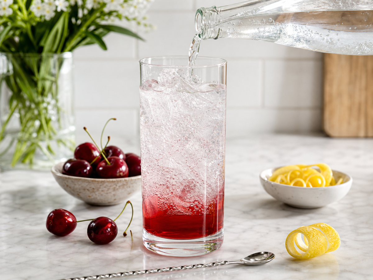 Italian soda ingredients on a bright kitchen counter with cherry syrup, sparkling water, cherries, and lemon peel.