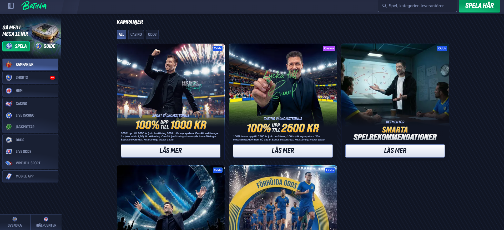 Betinias kampanjsida med välkomstbonusar för casino och sport samt andra erbjudanden.