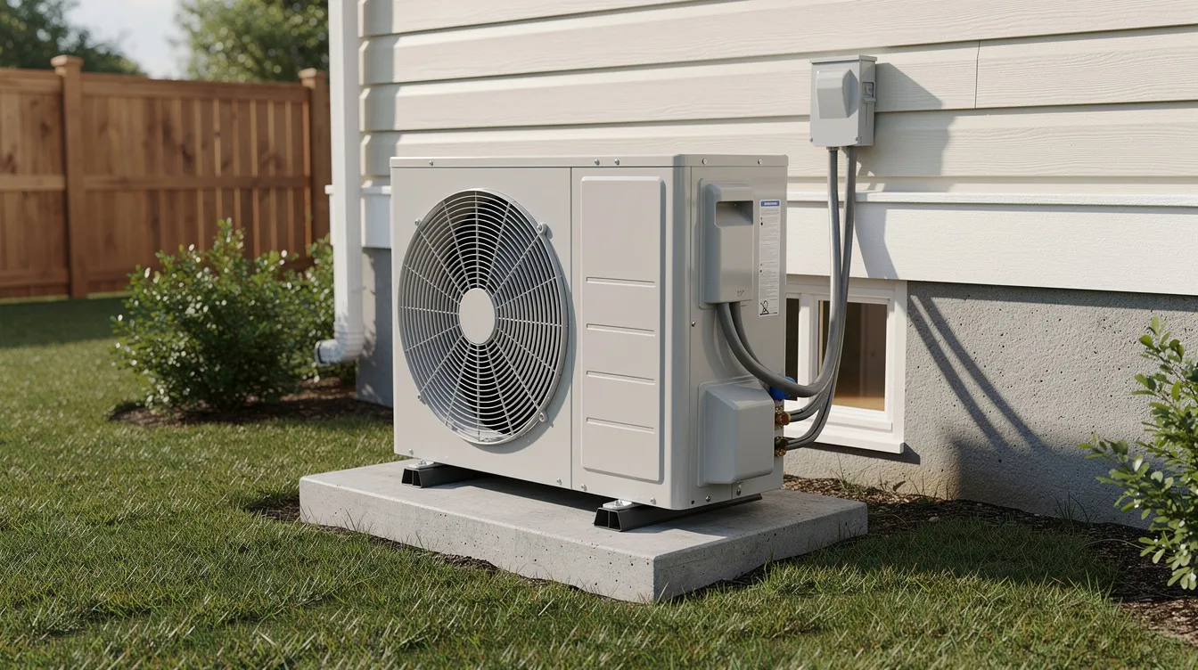 An outdoor heat pump unit is installed beside a residential home, designed to provide efficient heating and cooling for a comfortable indoor temperature. This energy-efficient system contributes to energy savings while maintaining a low noise level, perfect for enhancing home comfort.