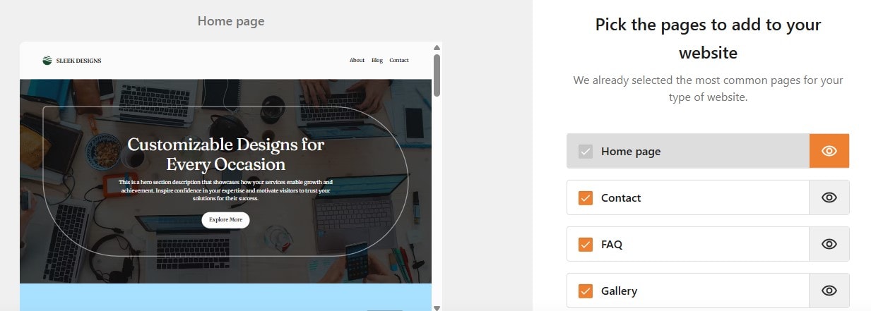 Selecting pages for your store