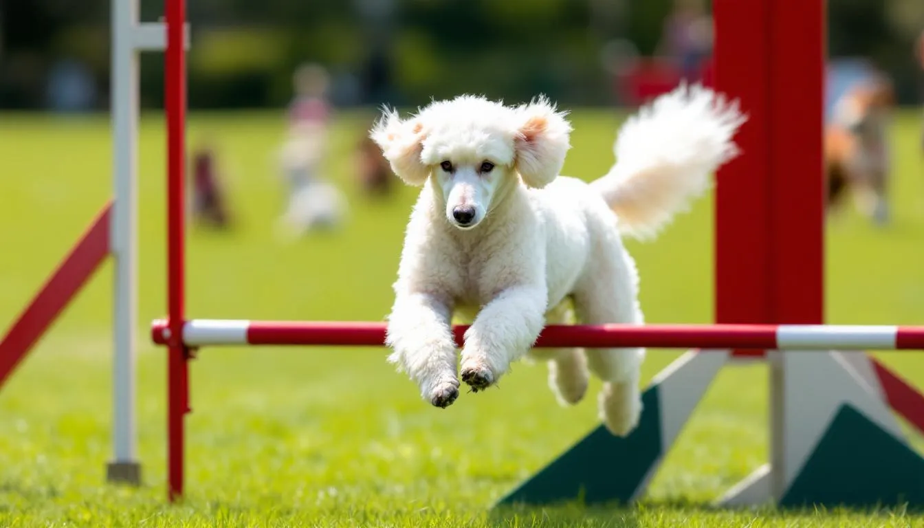 A standard poodle is seen participating in an agility course, demonstrating its athleticism as it jumps over an obstacle with intense focus. The dog