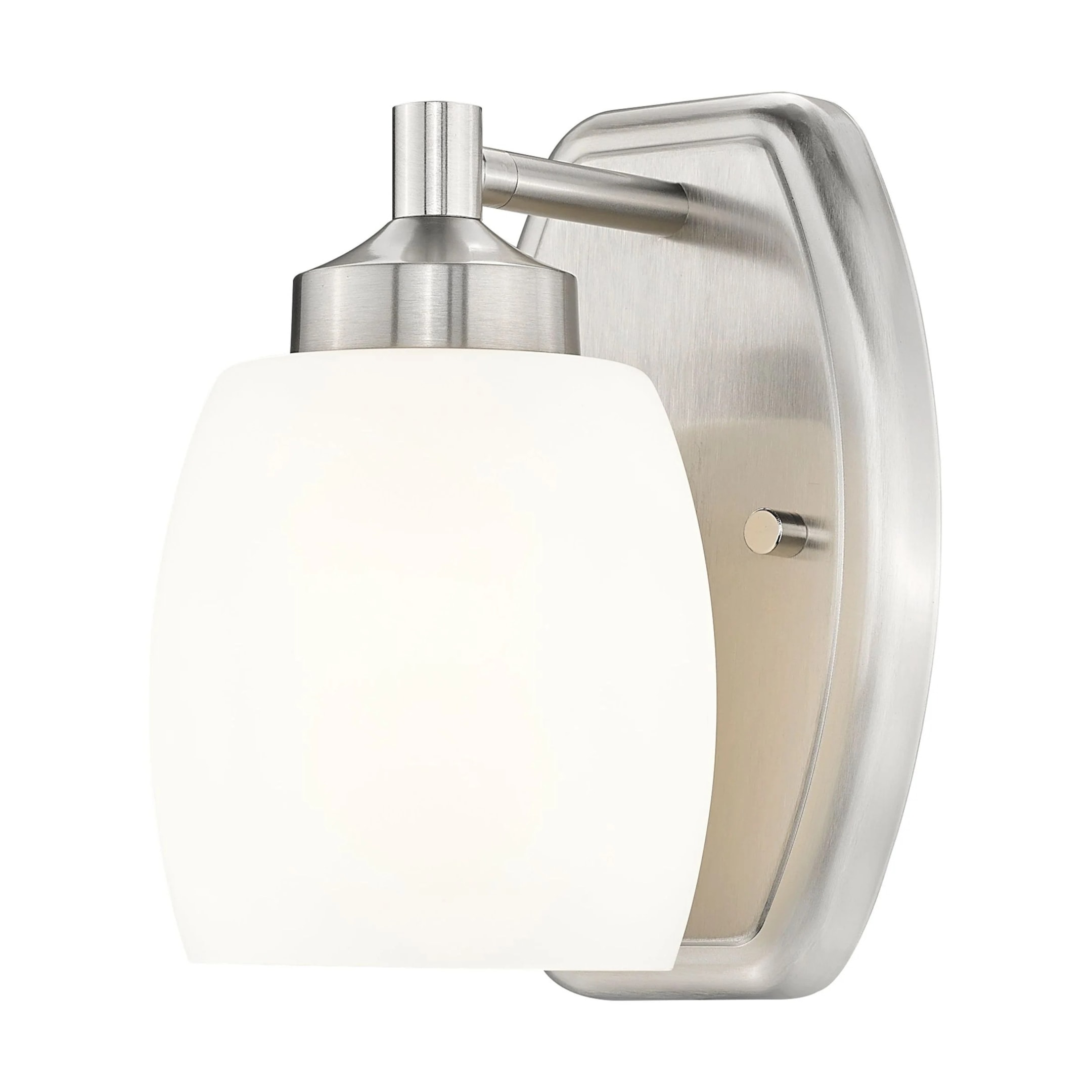 Mid-century modern wall sconce with a brushed nickel finish and matte opal glass shade, perfect for indoor wall lighting in contemporary spaces.