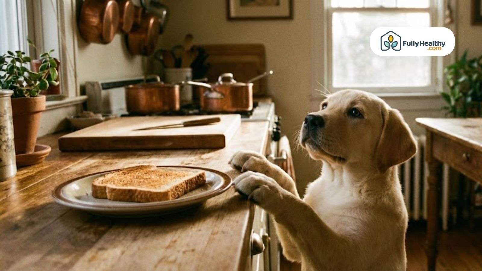 Yellow Labrador puppy reaching for toast on kitchen counter morning light