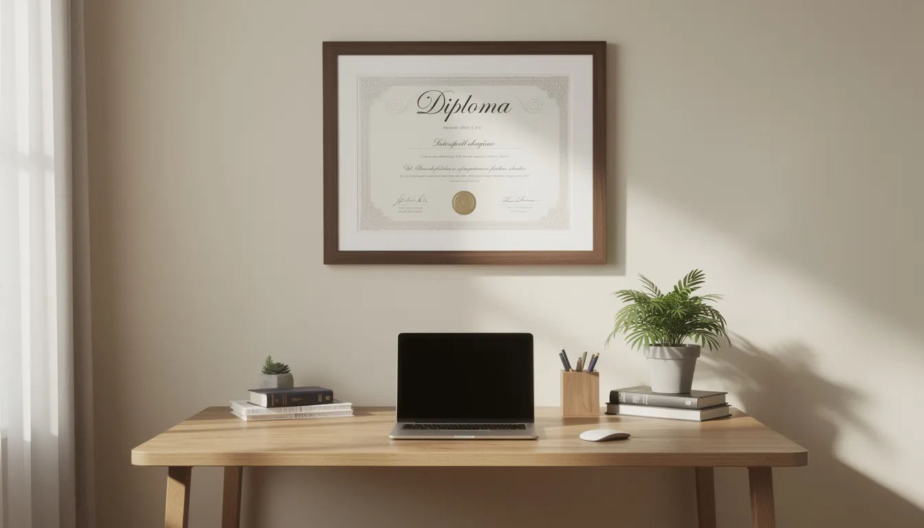 A framed high school diploma hangs on the wall of a home office, positioned above a wooden desk. The diploma features clean typography and an embossed gold foil seal, making it a display-ready piece for personal use or commemorative purposes.