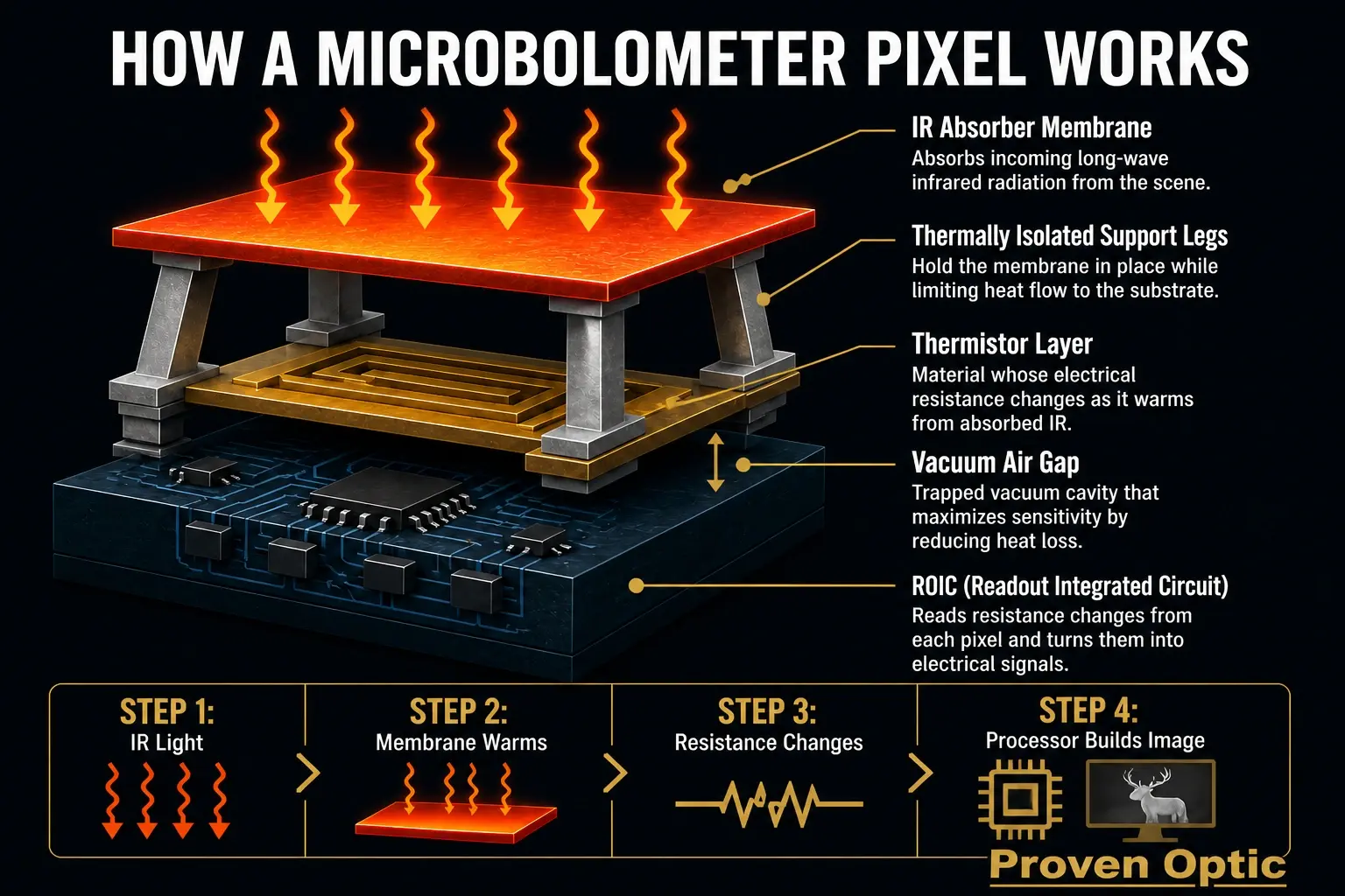 Image of one microbolometer (pixel) and the workings if this device in a thermal scope.