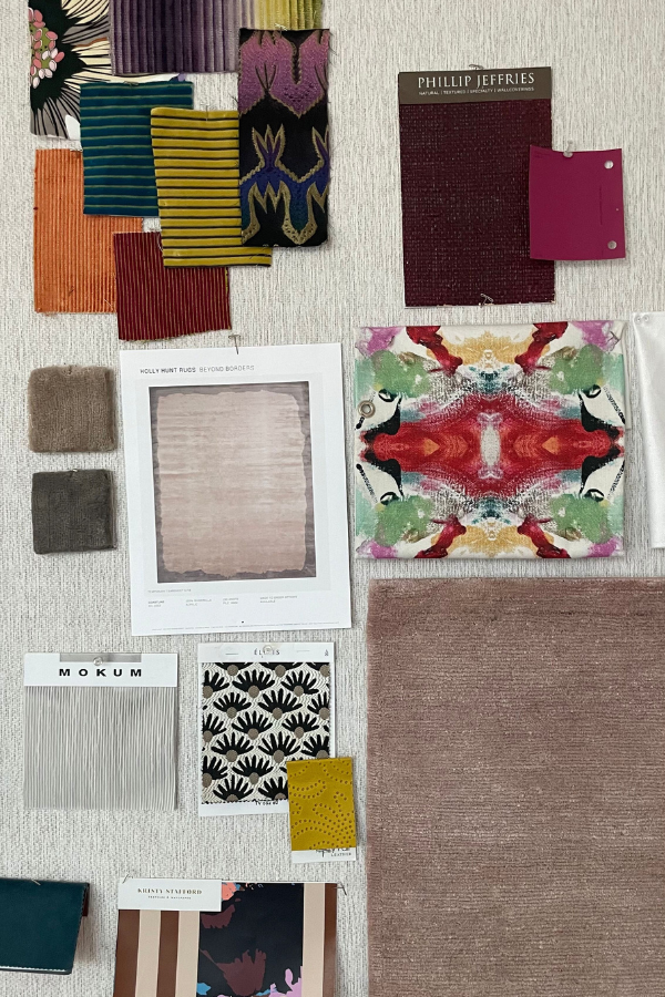 different scales, different styles, and different colors of prints in an interior design mood board; color is the secret sauce in mixing patterns