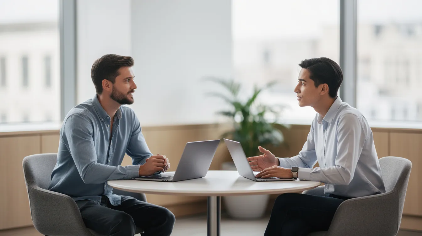 Deux collègues sont engagés dans une conversation concentrée dans un bureau calme, baigné de lumière naturelle. Cette interaction illustre l'importance du travail d'équipe et de la collaboration pour atteindre des objectifs communs au sein de l'entreprise.
