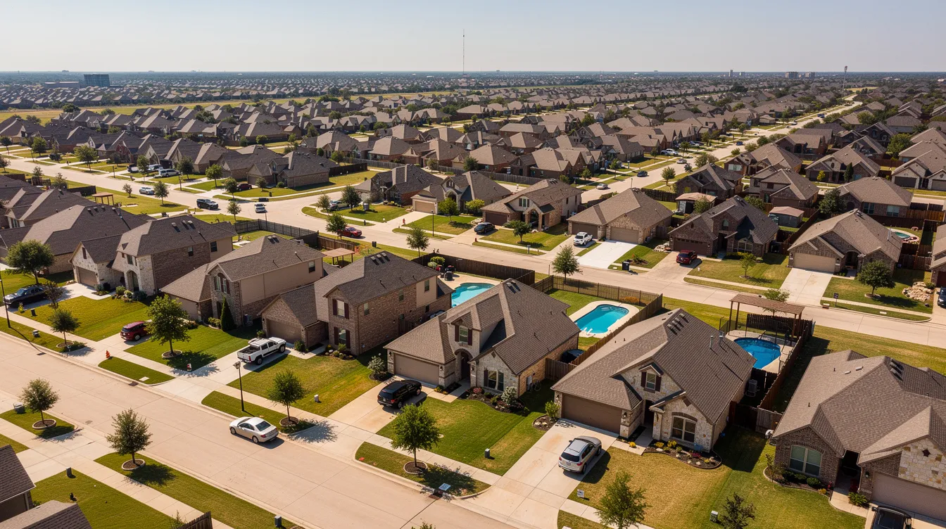 An aerial view captures a suburban neighborhood in Dallas-Fort Worth, showcasing rows of residential homes with well-maintained lawns. This image reflects the community's character, where homeowners may consider regular furnace maintenance to ensure their heating systems operate efficiently during colder months.