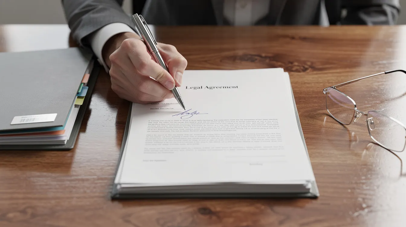 A person is signing legal documents at a wooden desk, with a pen in hand and organized folders nearby, including reading glasses that suggest careful planning for their estate. This scene emphasizes the importance of creating an estate plan to manage assets and ensure the well-being of family and minor children.