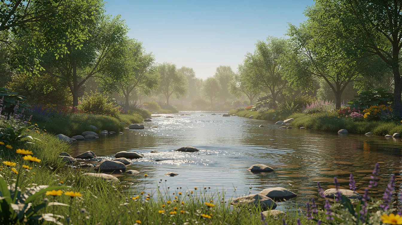 The image depicts a serene garden featuring a gently flowing river and vibrant green trees, all set against a clear blue sky, creating a sense of peace and tranquility. This scene embodies the beauty of creation, reminiscent of the divine completeness often associated with the number seven in biblical numerology.