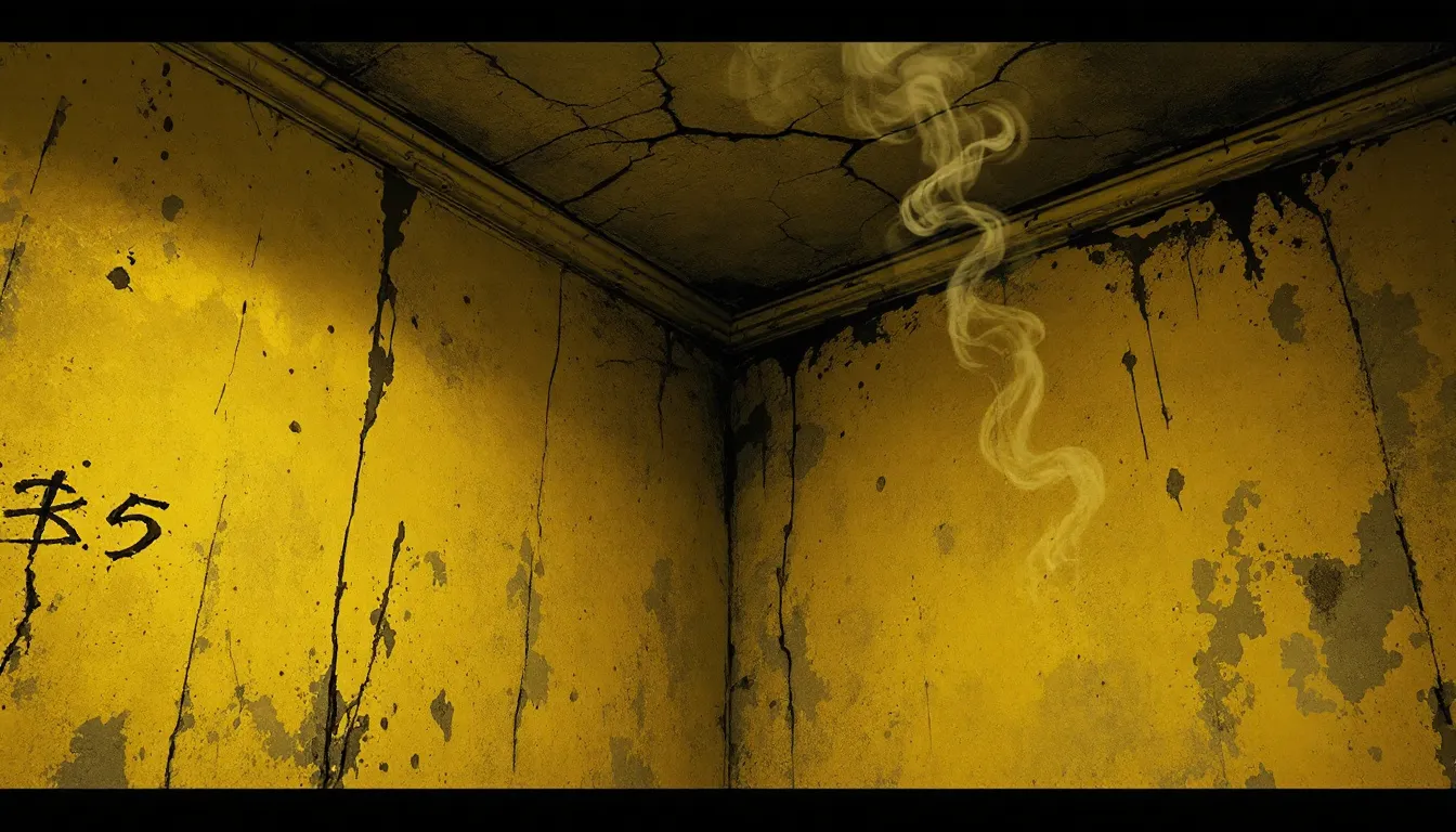 A close-up of yellowed walls and a ceiling showing cigarette smoke damage.
