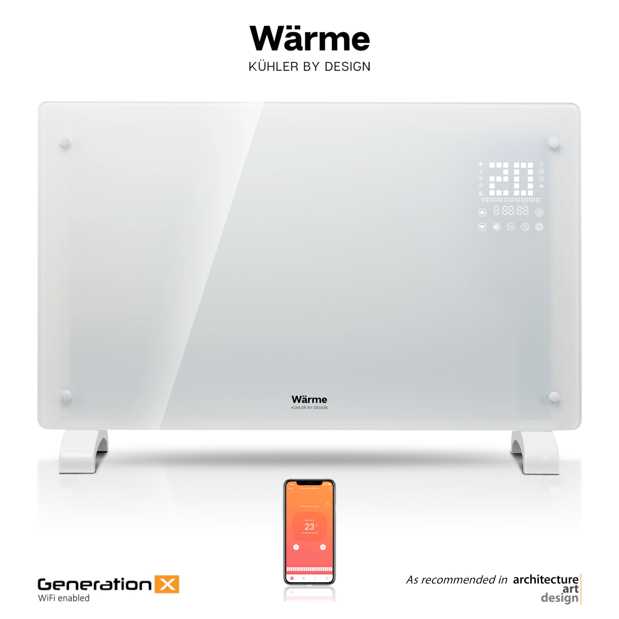 An illustration of a glass panel heater in a modern home setting.