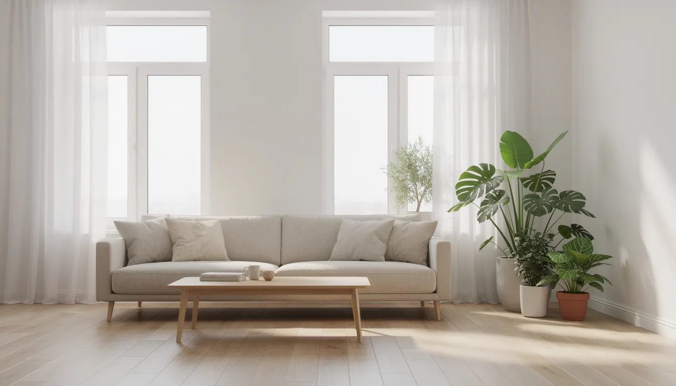 Ett ljust vardagsrum med en beige soffa som står i centrum, omgiven av ett träbord och gröna växter som pryder fönstret. Rummet har en mjuk och inbjudande atmosfär som skapar en harmonisk inredning.