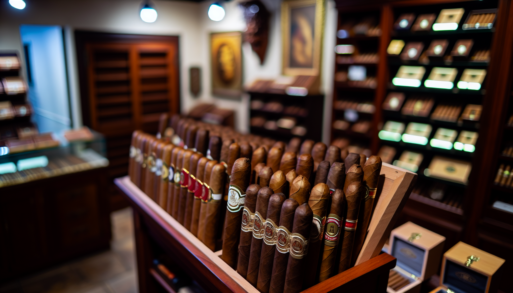 A variety of hand-rolled cigars displayed in a cigar shop in Fort Lauderdale