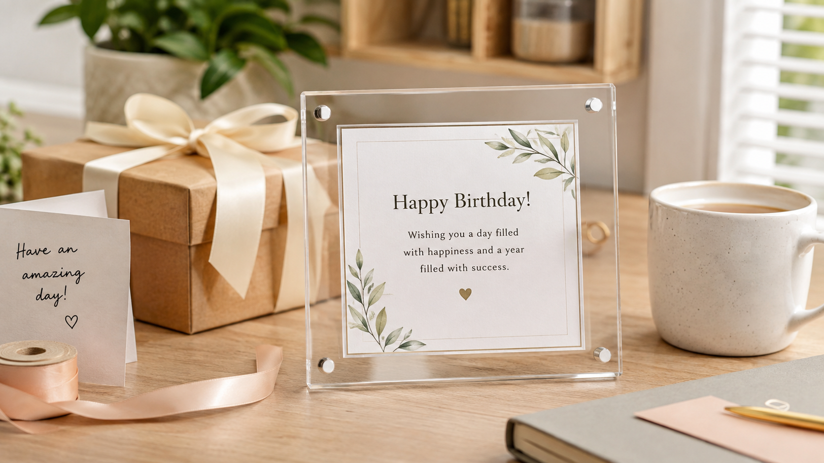 Acrylic desk frame displaying a birthday celebration photo beside a wrapped gift and coffee mug