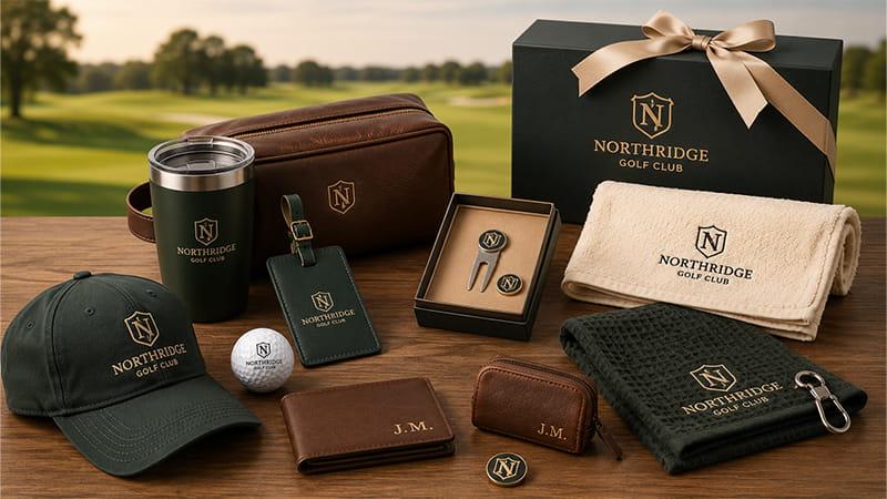 Luxury golf gift collection with a personalized cap, tumbler, towel, leather accessories, divot tool, golf balls, and premium gift box on a golf course