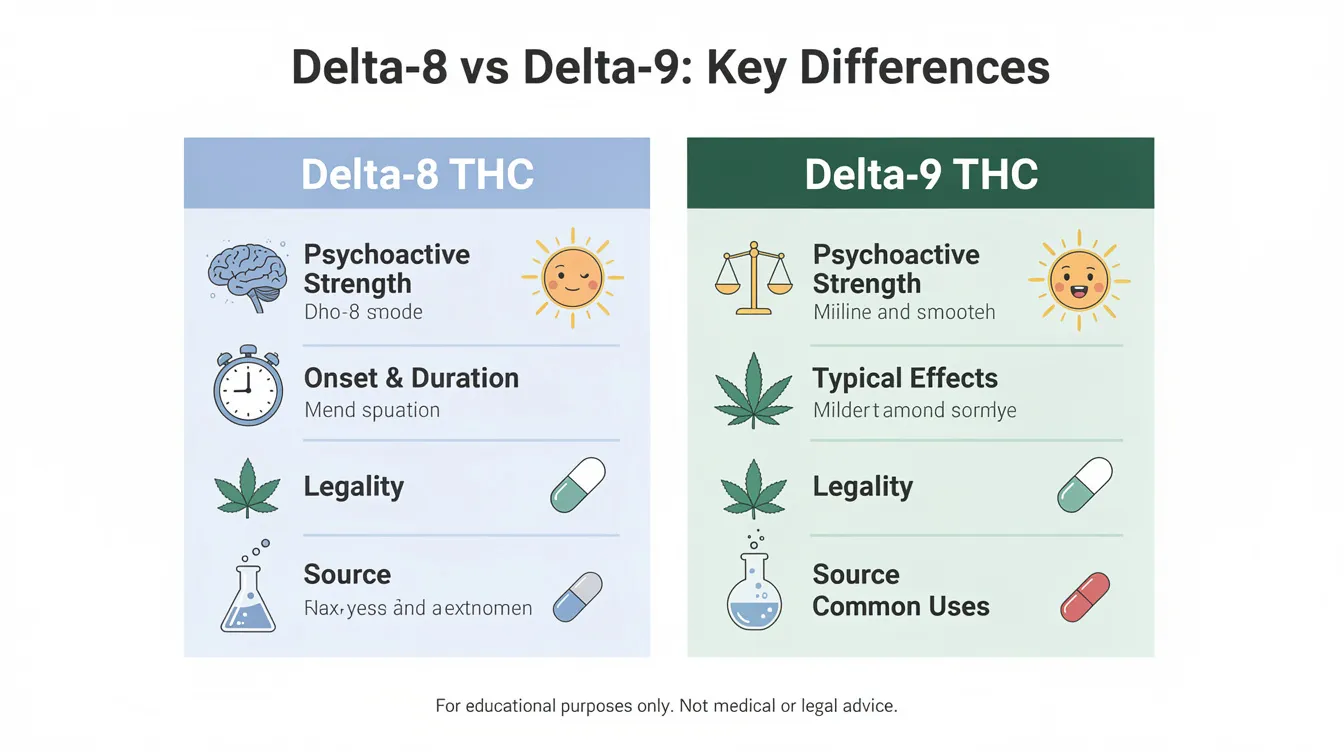 The image illustrates the key differences between delta 8 and delta 9 THC, highlighting their unique effects on the body's endocannabinoid system, legal status, and potential health benefits. It contrasts their psychoactive properties, with delta 8 being federally legal and often associated with fewer adverse events compared to delta 9, which is more potent and can lead to feelings of intoxication.