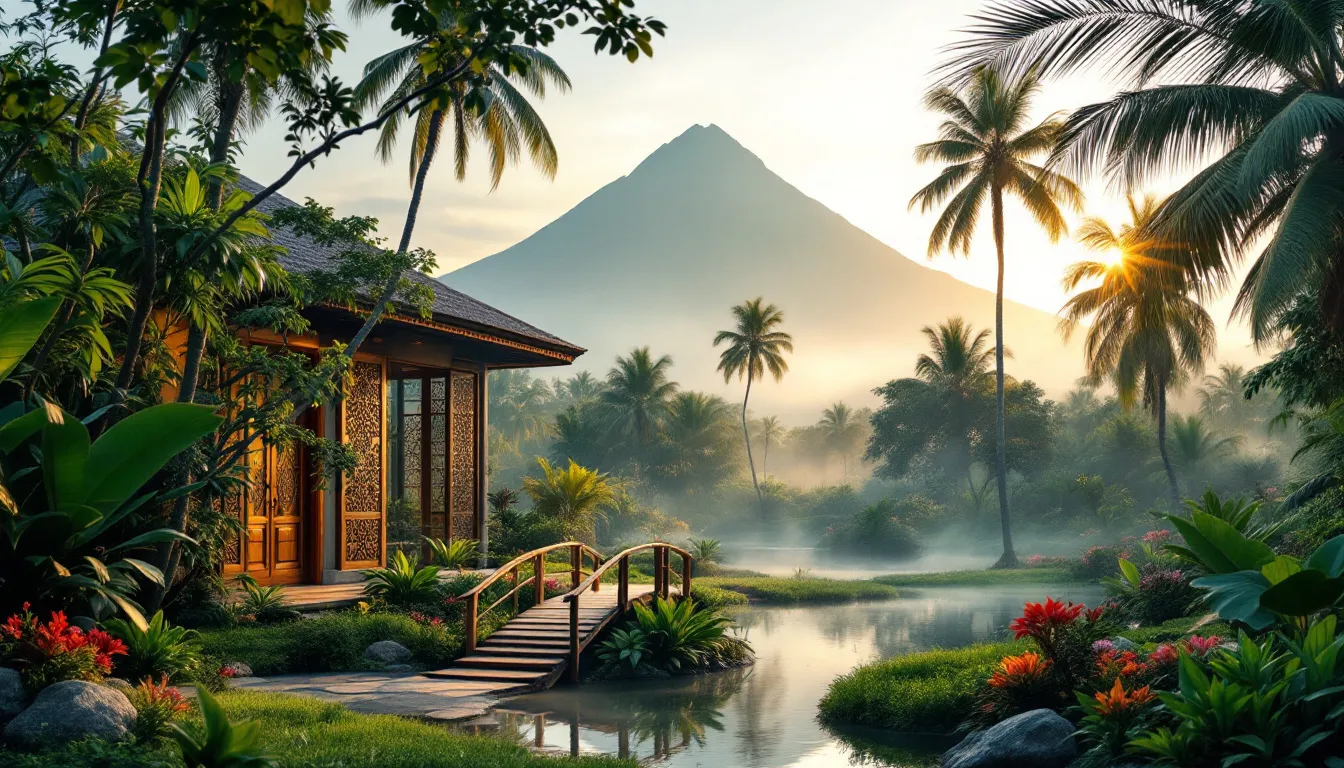 A serene landscape view of a yoga retreat in Bali, showcasing the lush greenery and tranquil atmosphere.