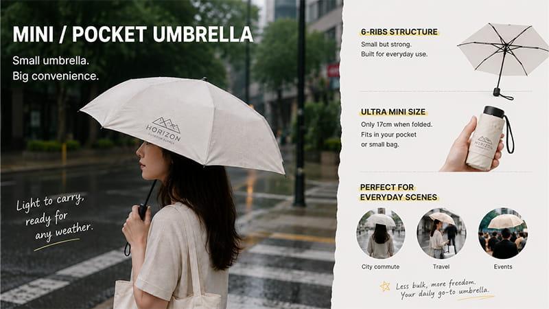 Mini pocket umbrella for city commuting, travel, events, and everyday carry