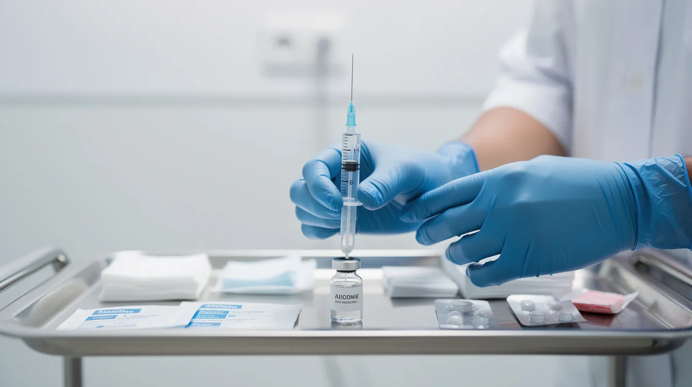 A medical professional, wearing gloves, is preparing a syringe filled with a dermal filler on a clean treatment tray, ready for an injectable treatment aimed at addressing severe facial wrinkles and enhancing skin quality. This minimally invasive procedure, like Radiesse injections, helps restore volume and stimulate collagen production for a more youthful appearance.