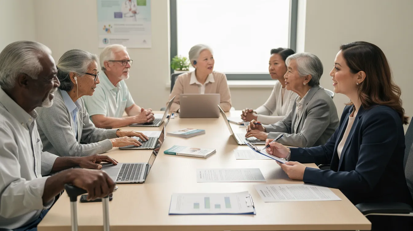 The image shows a diverse group of older adults engaged in a research study consultation, discussing topics related to cognitive function and potential treatments for conditions like mild cognitive impairment and Alzheimer&rsquo;s disease. Researchers are assessing the impact of lithium treatment on cognitive resilience and memory loss among the study participants.