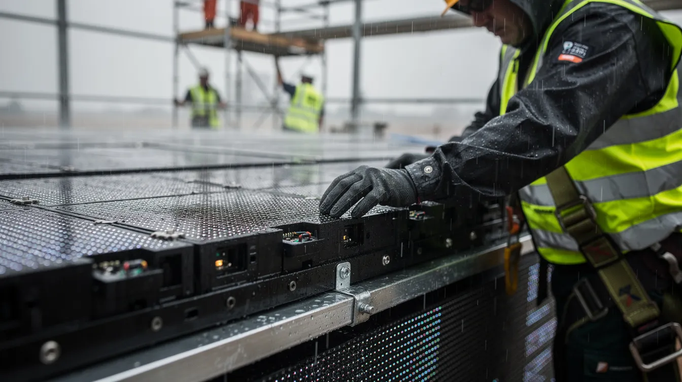 A close-up view of outdoor LED screen panels being assembled in light rain, with crew members wearing safety gear to ensure a secure installation. The image highlights the importance of outdoor LED display technology in various weather conditions, emphasizing the need for excellent visibility and durability in public spaces.