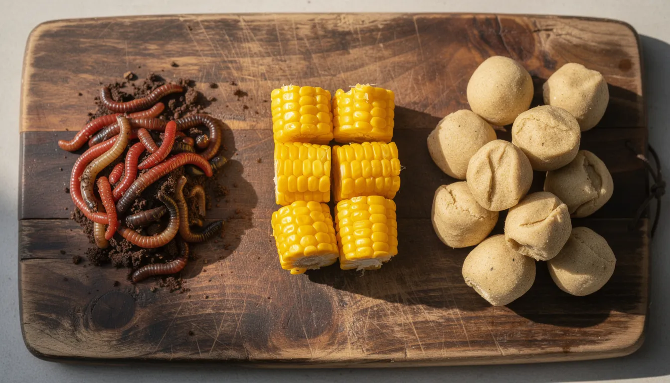 Na desce ułożone są różnorodne przynęty wędkarskie, takie jak robaki, kukurydza i ciasto, które mogą być wykorzystywane do łowienia ryb metodą spławikową. Te naturalne przynęty są szczególnie popularne wśród doświadczonych wędkarzy, którzy wiedzą, jak dostosować rodzaj przynęty do głębokości łowiska.